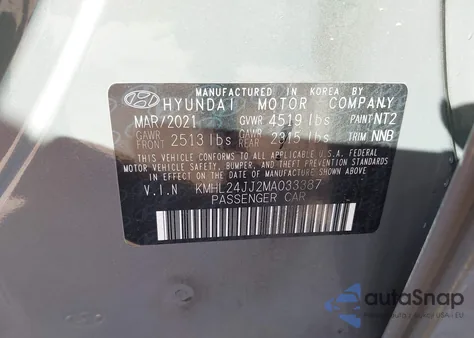 2021 Hyundai Sonata Blue z USA, uszkodzony, nr VIN KMHL24JJ2MA033387